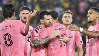 Inter Miami's Argentine forward Lionel Messi celebrates scoring his team's first goal during the friendly football match between Ecuador's Barcelona and the US' Inter Miami at the Banco Pichincha Stadium in Guayaquil, Ecuador. 