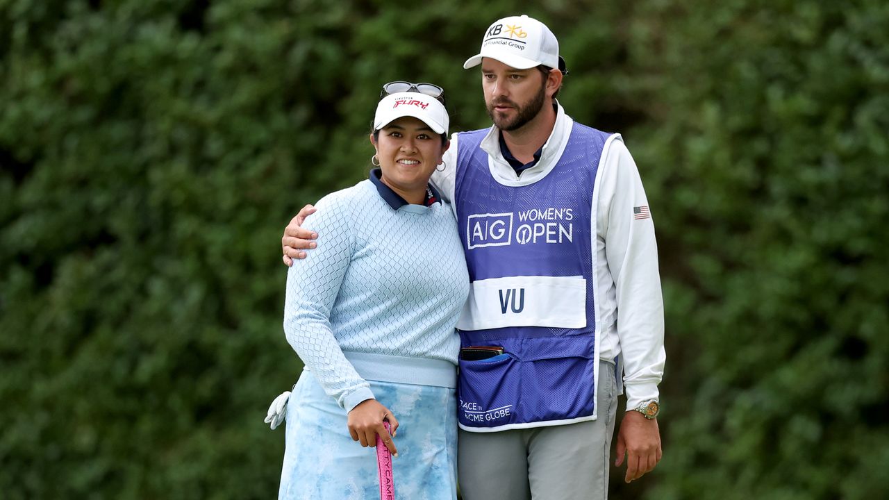 Lilia Vu of the United States hugs with her caddie after finishing her round on the 18th hole during the Day Three of the AIG Women&#039;s Open at Walton Heath Golf Club on August 12, 2023 in Tadworth, England.