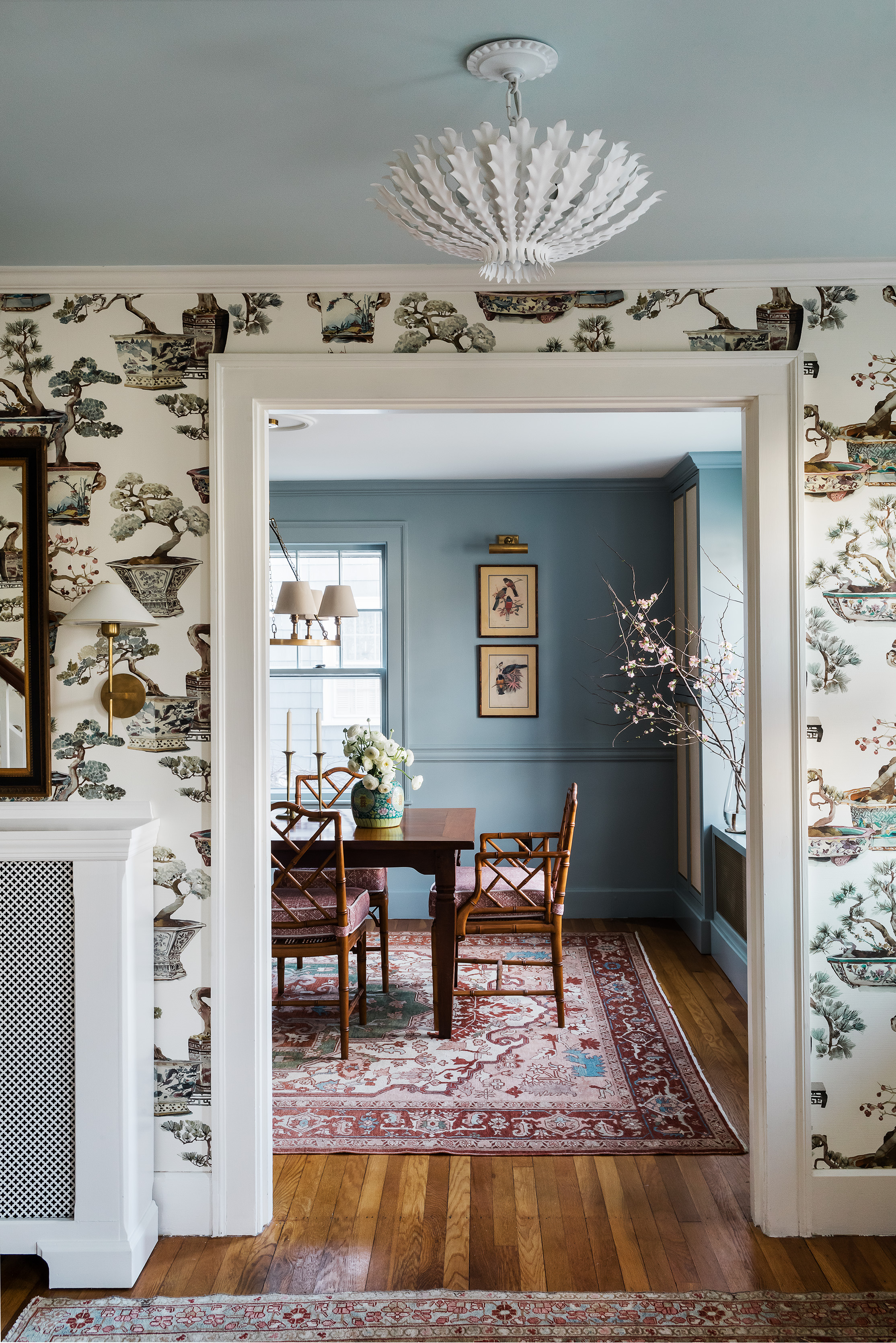 blue dining room with vintage pieces