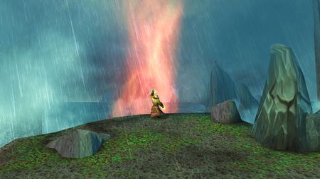 A WoW Classic character stands at the edge of a cliff