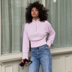 Jamea wearing jcrew pink rollneck 