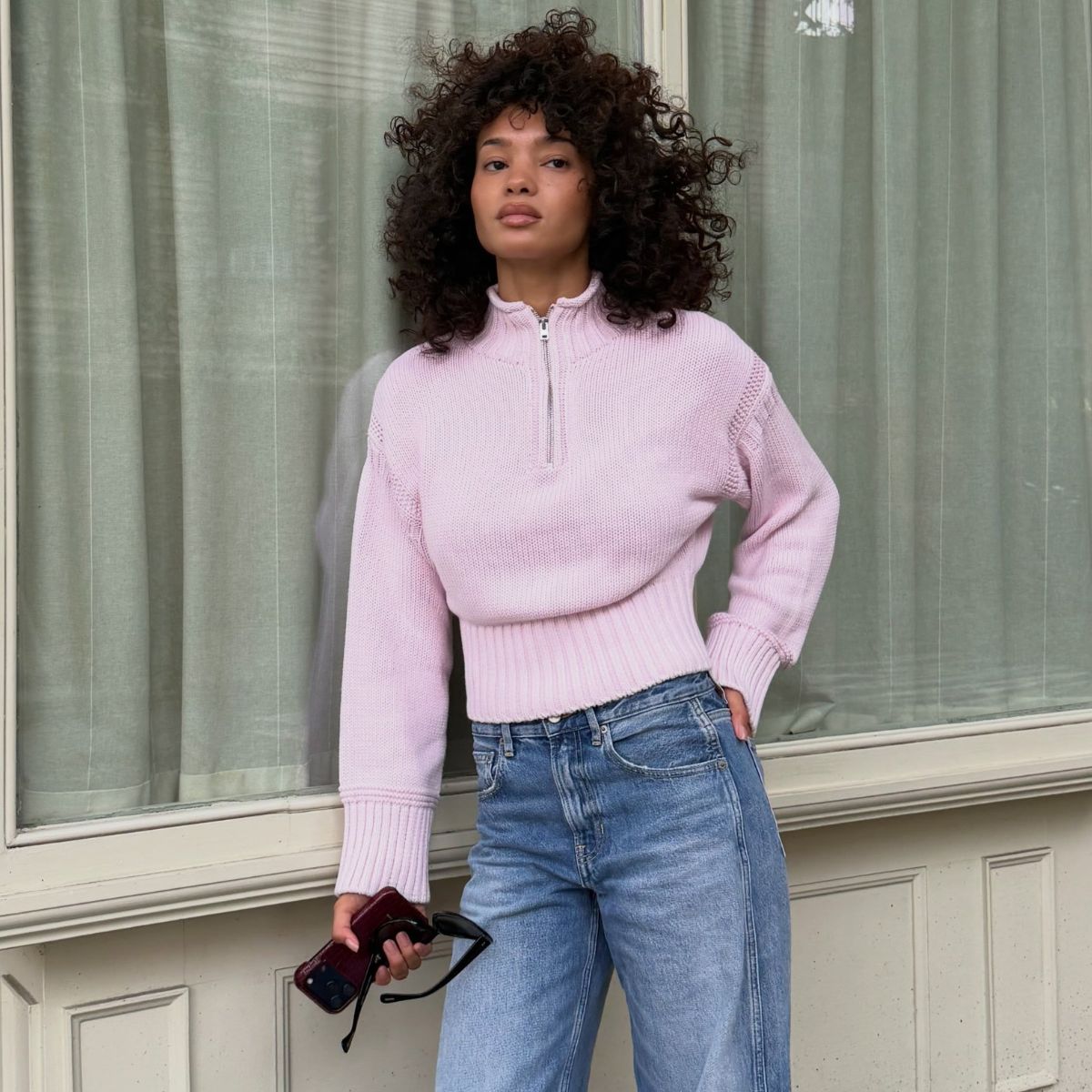 Jamea wearing jcrew pink rollneck 