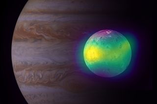 This composite image shows Jupiter’s moon Io in front of an image of Jupiter taken by the Hubble Space Telescope. In a new study, scientists have shown how the sulfur dioxide in the moon’s atmosphere comes from volcanism.