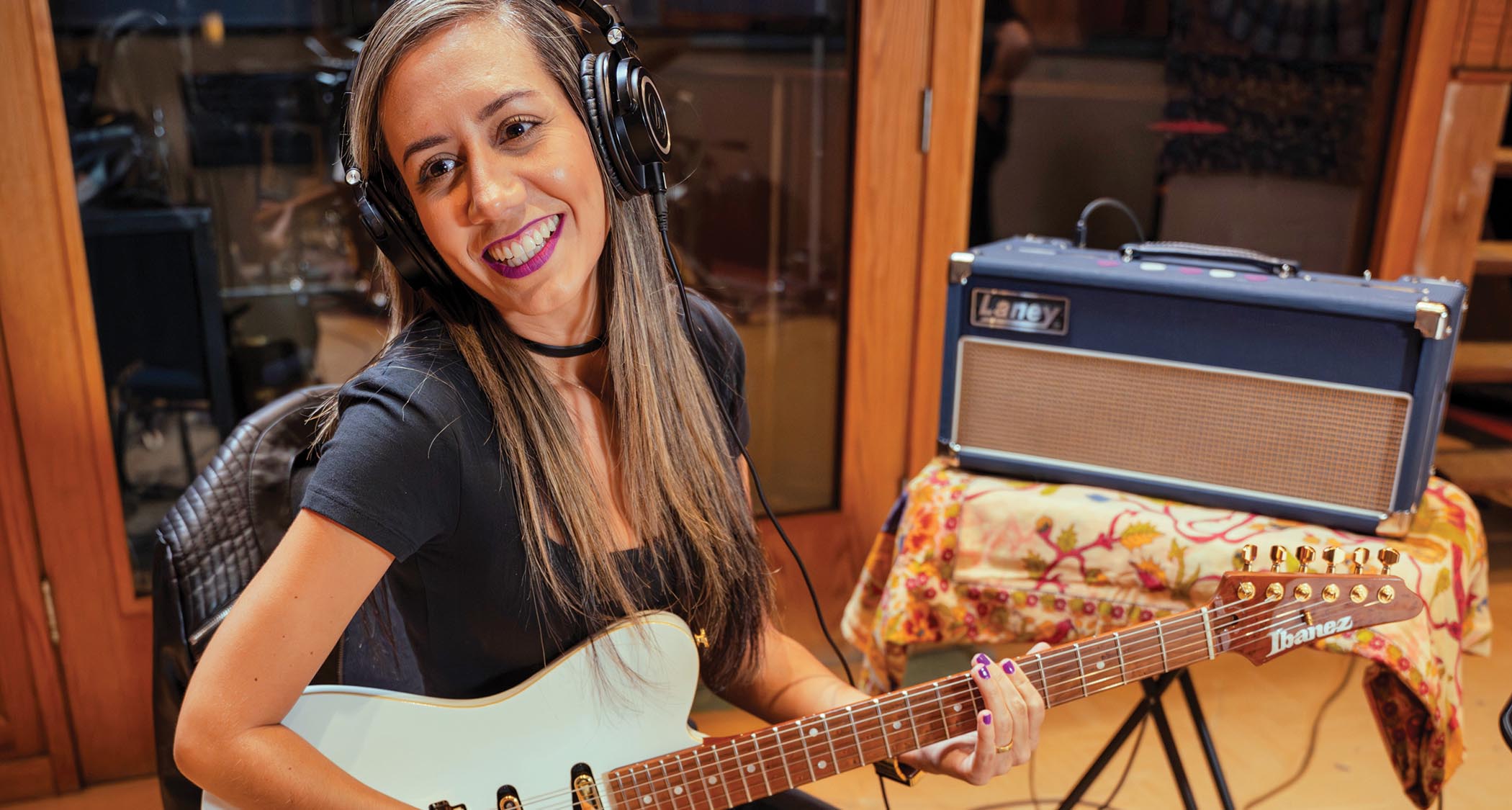 Lari Basilio with her Ibanez lB-1 signature guitar in the studio.