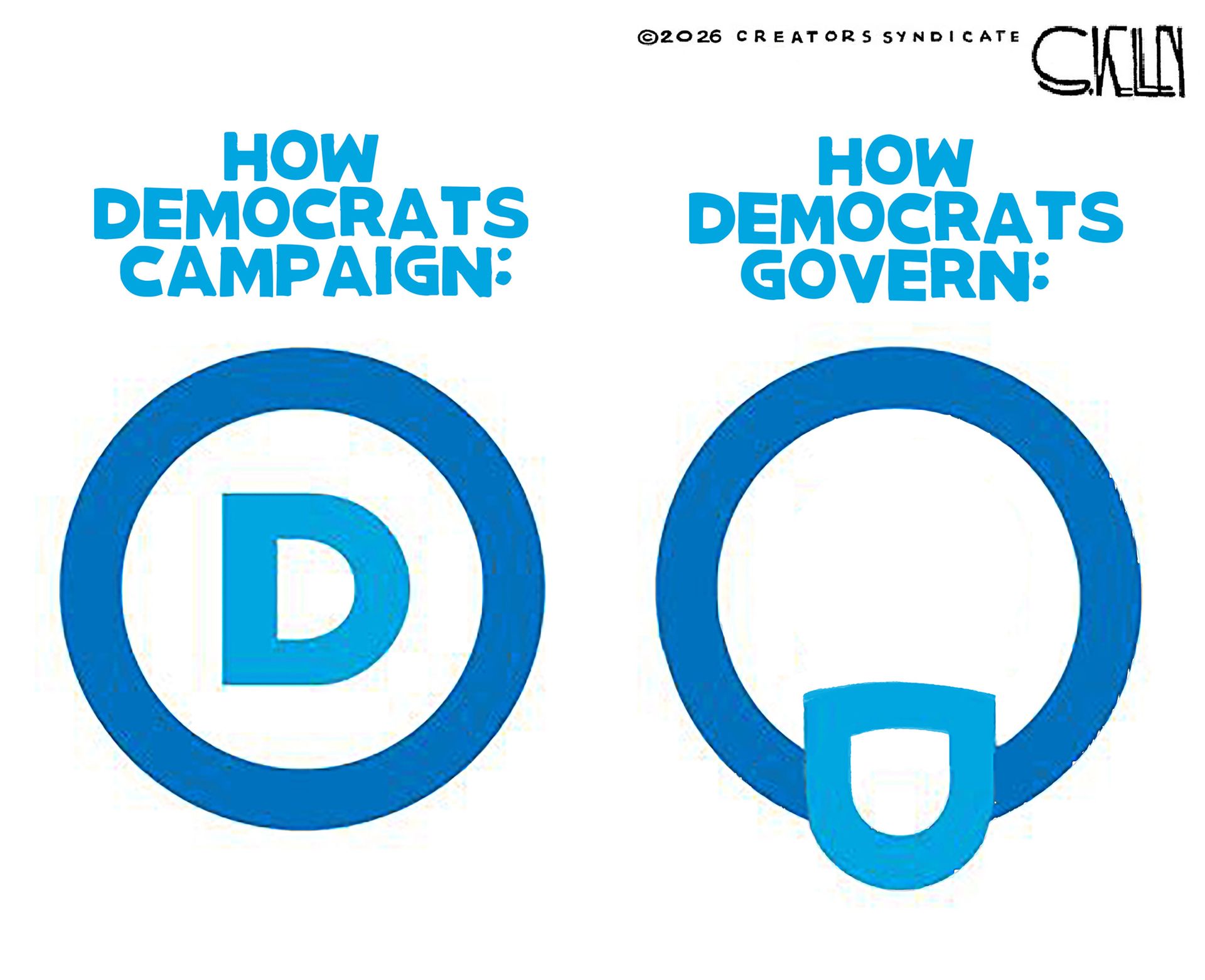 
                                This is a two-image cartoon. The image on the left is titled “How Democrats Campaign” and looks like the letter D inside a circle. The right side is titled “How Democrats Govern” and the D has been moved down the circle so it looks like a tongue sticking out.
                            