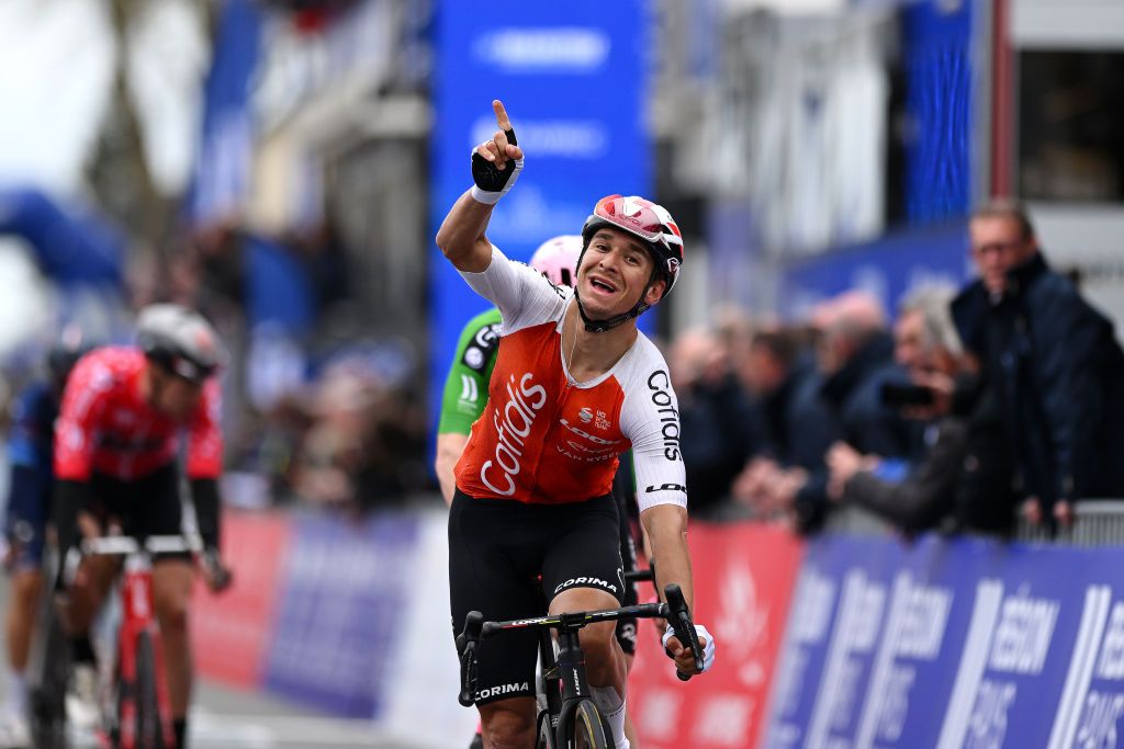 MAYENNE FRANCE APRIL 06 Bryan Coquard of France and Team Cofidis celebrates at finish line as stage winner during the 1st Region Pays de la Loire Tour 2023 Stage 3 a 1971km stage from BaugenAnjou to Mayenne on April 06 2023 in Mayenne France Photo by Dario BelingheriGetty Images