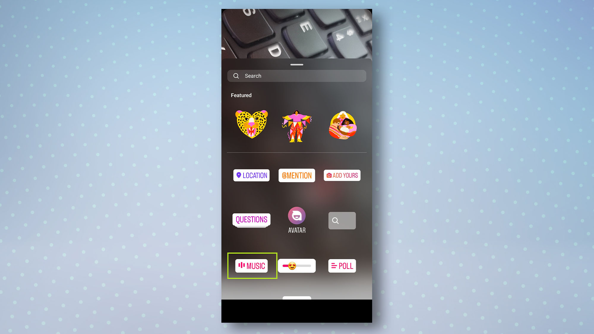 Instagram Android app with Music sticker highlighted