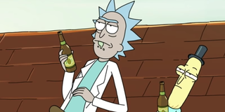 rick and mr poopybutthole drinking on the roof