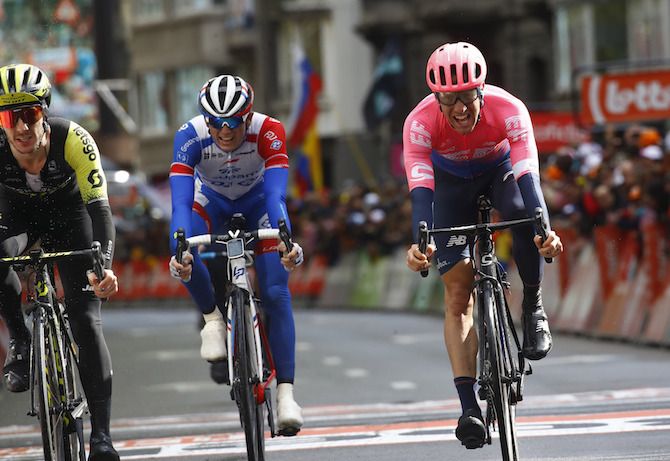 Groupama-FDJ's David Gaudu finishes sixth at the 2019 Li&egrave;ge-Bastogne-Li&egrave;ge behind Mitchelton's Adam Yates (left) and EF's Michael Woods (right)