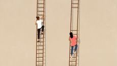Career ladder concept image showing two women climbing up ladders, with one on left higher up while woman on right stuck due to missing rungs. 