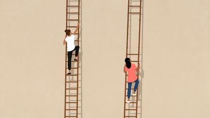 Career ladder concept image showing two women climbing up ladders, with one on left higher up while woman on right stuck due to missing rungs. 