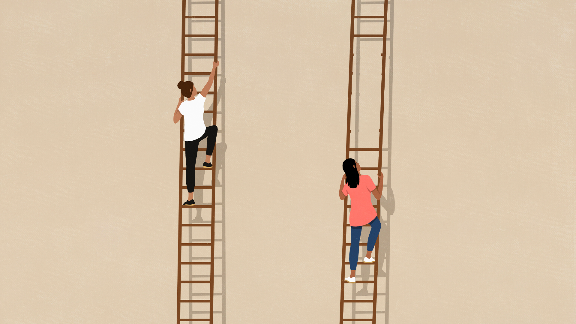 Career ladder concept image showing two women climbing up ladders, with one on left higher up while woman on right stuck due to missing rungs. 