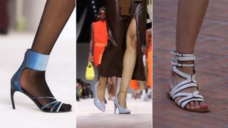 Three models wearing ankle strap shoes to illustrate the shoe trends of 2024