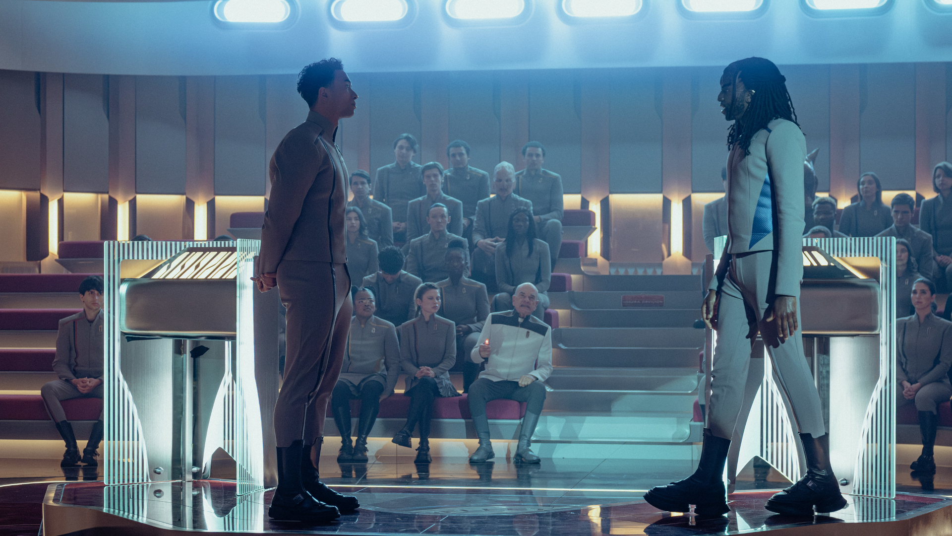 Sandro Rosta as Caleb and Karim Dian&amp;Egrave; as Jay-Den in Star Trek: Starfleet Academy, episode 4, season 1, streaming on Paramount+, 3035. Photo Credit: Brooke Palmer/Paramount+.