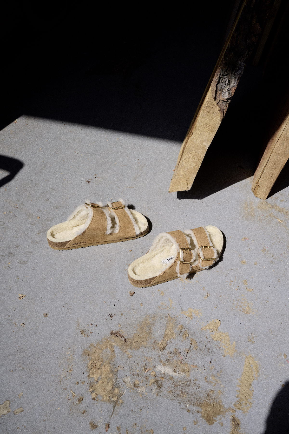 Shearling Birkenstock on floor