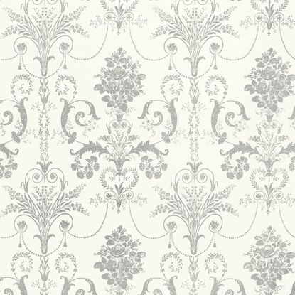 Laura Ashley Josette Glitter Wallpaper in Silver French-inspired damask design