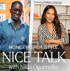A photo of Nikki Ogunnaike with an inset photo of Emma Grede and text reading Money. Power. Style. Nice Talk with Nikki Ogunnaike