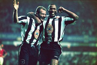 Alan Shearer and Les Ferdinand celebrate for Newcastle
