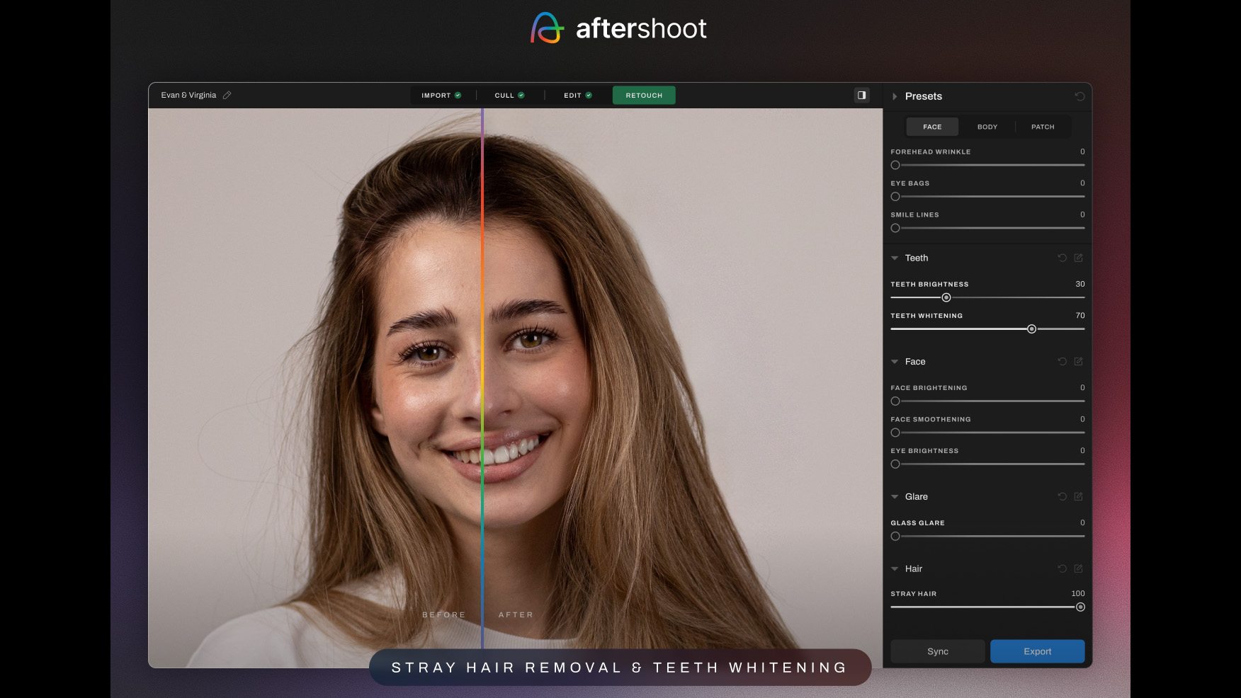 Aftershoot screenshot of portrait demonstrating the software's new AI Retouching tools