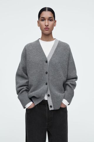 Colour-Block Wool V-Neck Cardigan