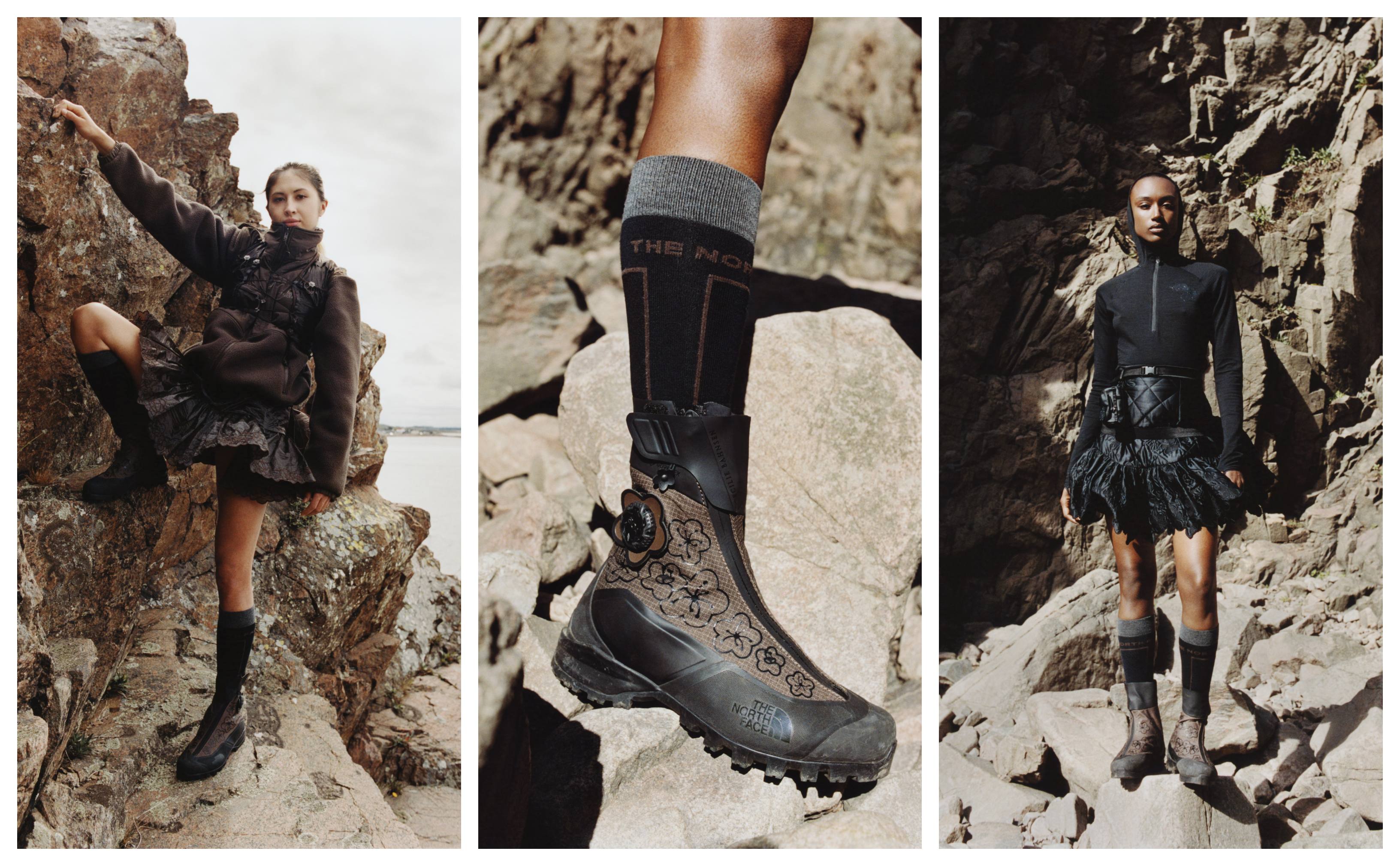 models wearing Cecilie Bahnsen x The North Face boots dresses and coats outside
