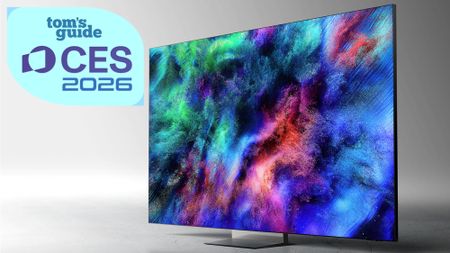 The Samsung R95H displaying colorful, abstract imagery against a neutral-toned, monochromatic background. There is a badge on the top-left corner of the image that reads: "Tom's Guide CES 2026."