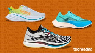 The best running shoes: Three running shoes on an orange background