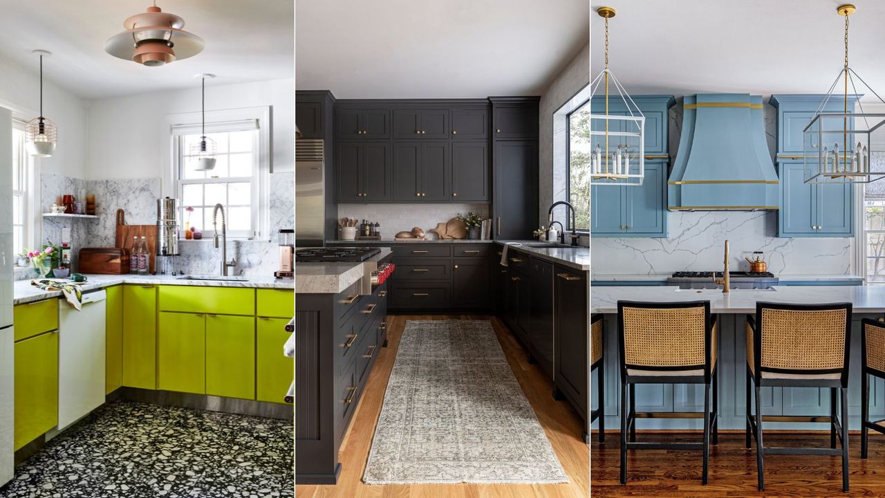 kitchen with bright green cabinets, dark charcoal kitchen, mid-blue kitchen