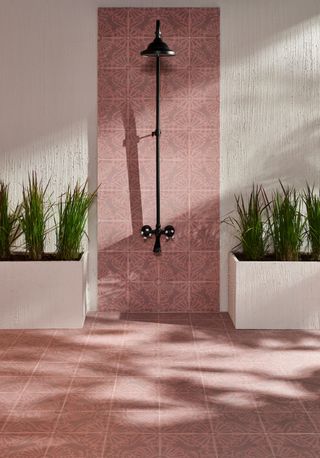 pink outdoor tiles with a silver shower