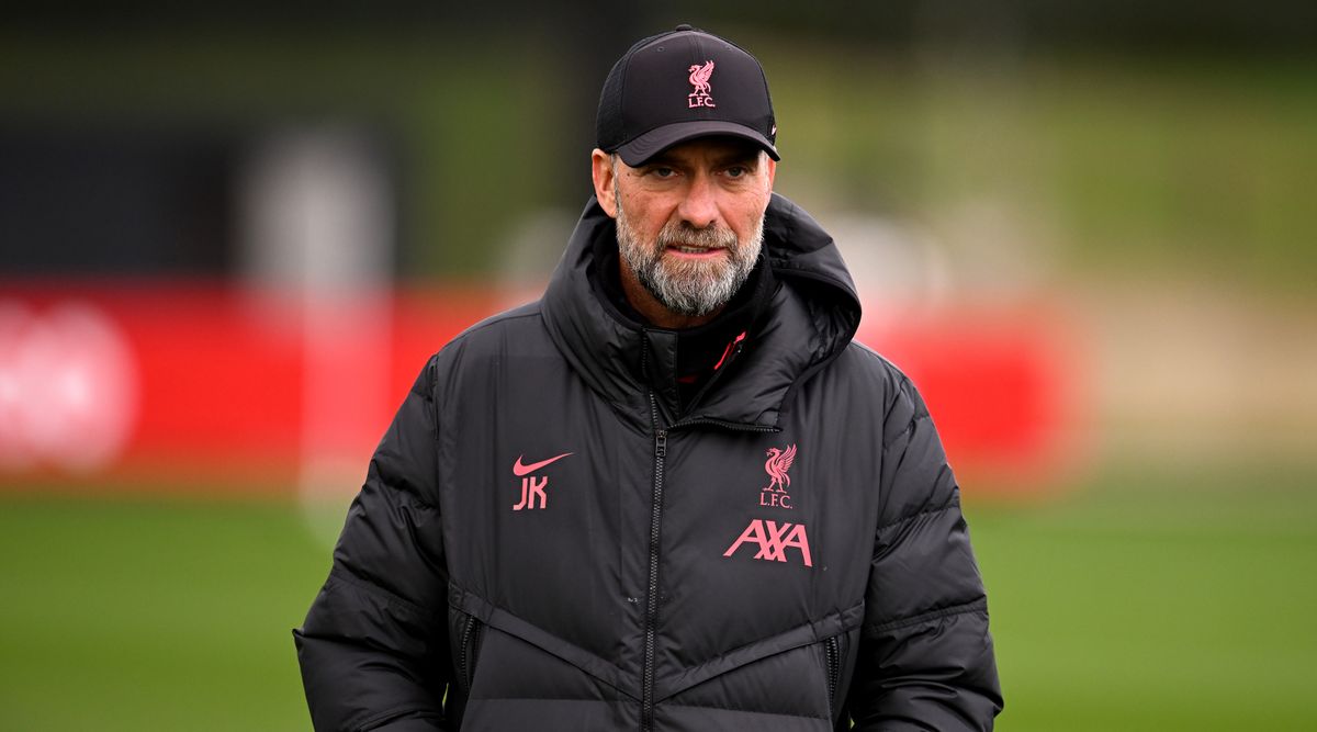 Liverpool manager Jurgen Klopp looks on during a training session on 5 January, 2022 at the AXA Training Centre in Kirkby, United Kingdom.