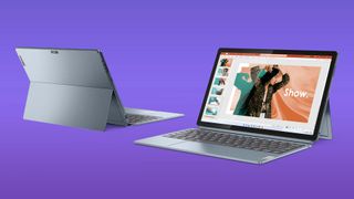 Lenovo IdeaPad Duet 5i with keyboard folio and built-in stand deployed