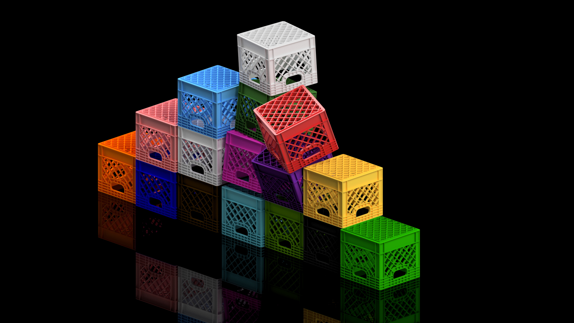 A 3D rendered image of different coloured milk crates.