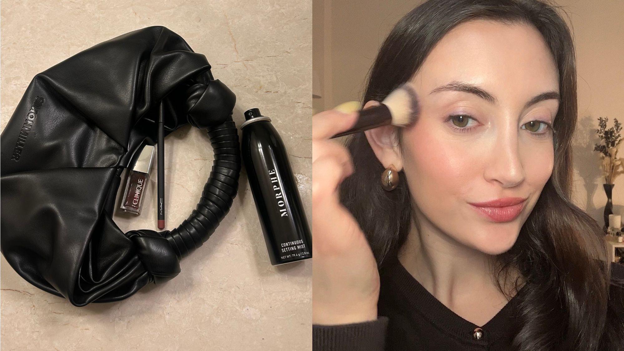 Images of Who What Wear associate beauty editor Alyssa Brascia applying blush and her purse with Ulta beauty products spilling out of it.