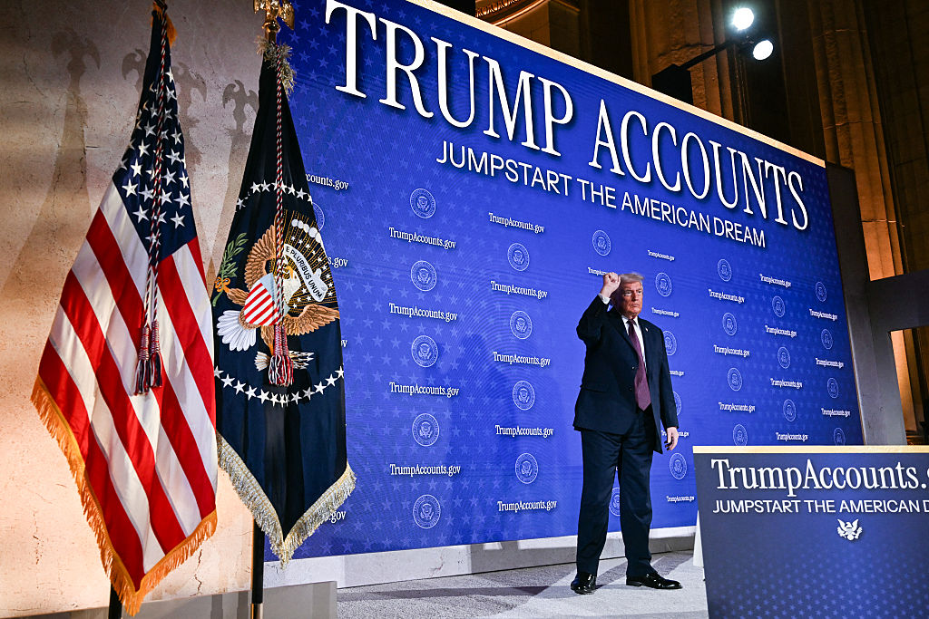 US President Donald Trump gestures at the conclusion of his remarks on 'Trump Accounts' at the Andrew W. Mellon Auditorium in Washington, DC, on January 28, 2026.