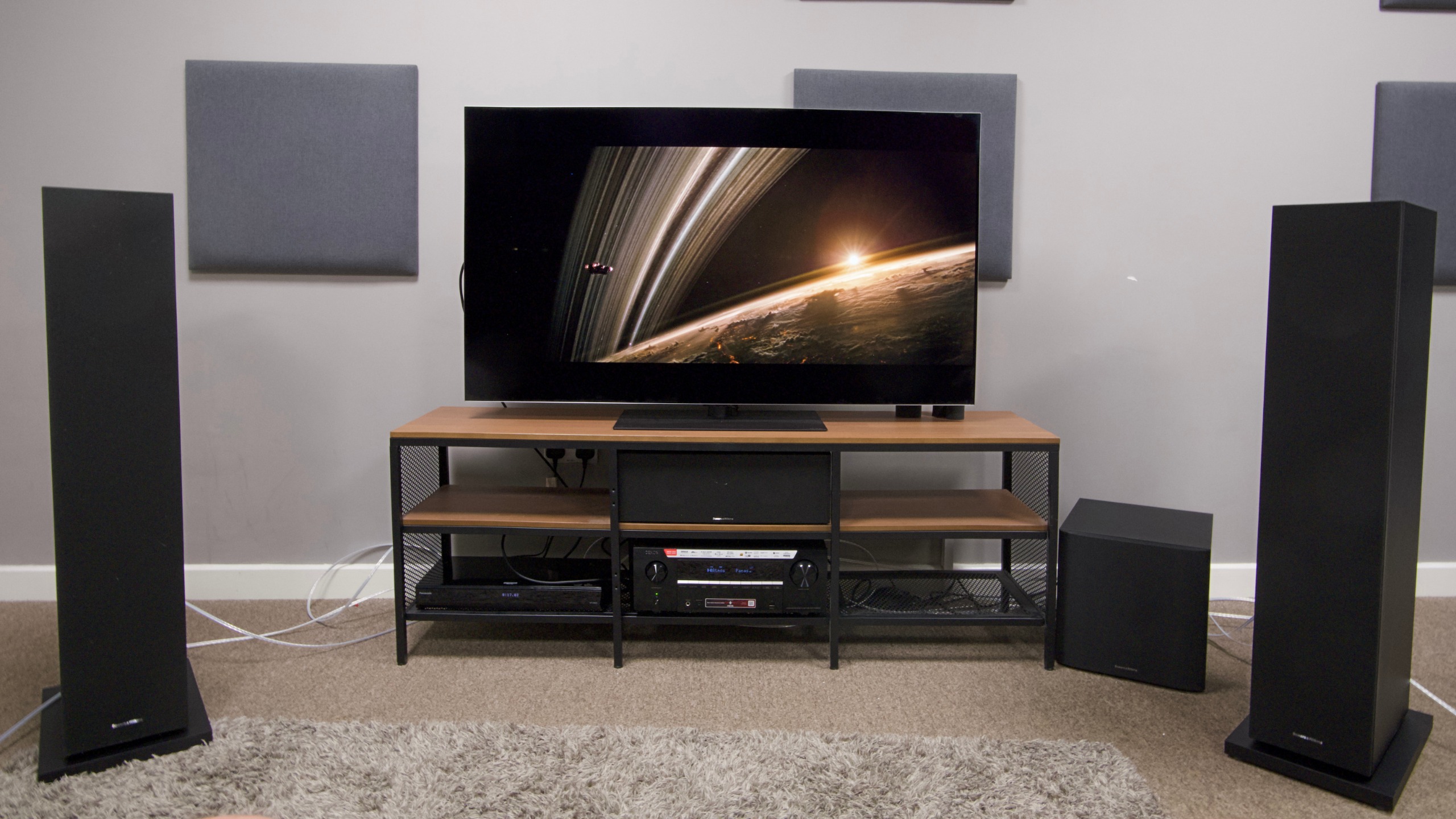 Denon AVC 3900H and B&amp;amp;W speaker system connected to LG G6 which has a shot of space from Alien: Romulus on screen