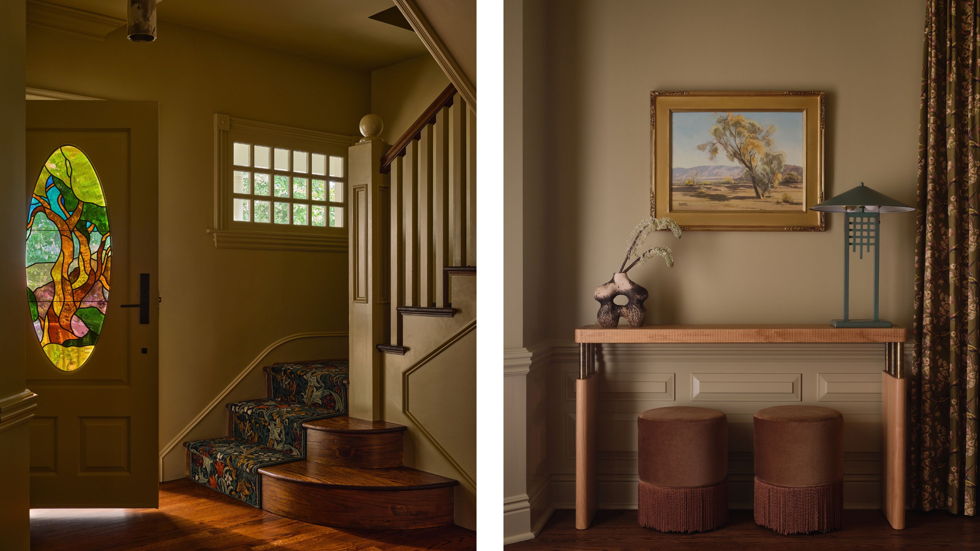 two side by side images of a warm yellow beige painted entry with a strained glass front door and rich wooden floors