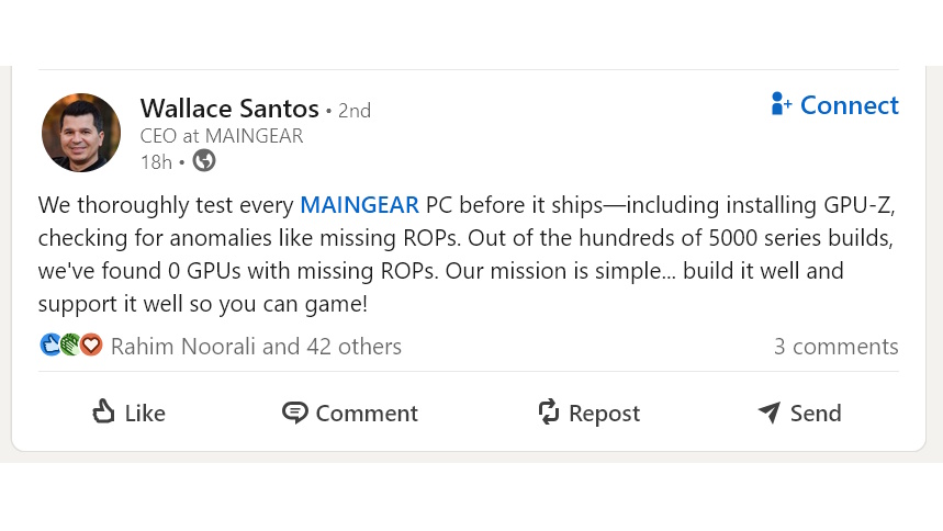 Maingear CEO Wallace Santos posting on LinkedIn about finding 0 GPUs with missing ROPs