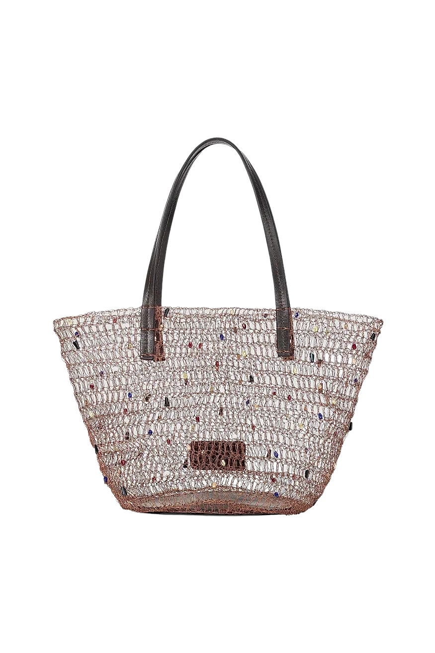 Bronze Bucket Wired Tote Bag with colored beads.