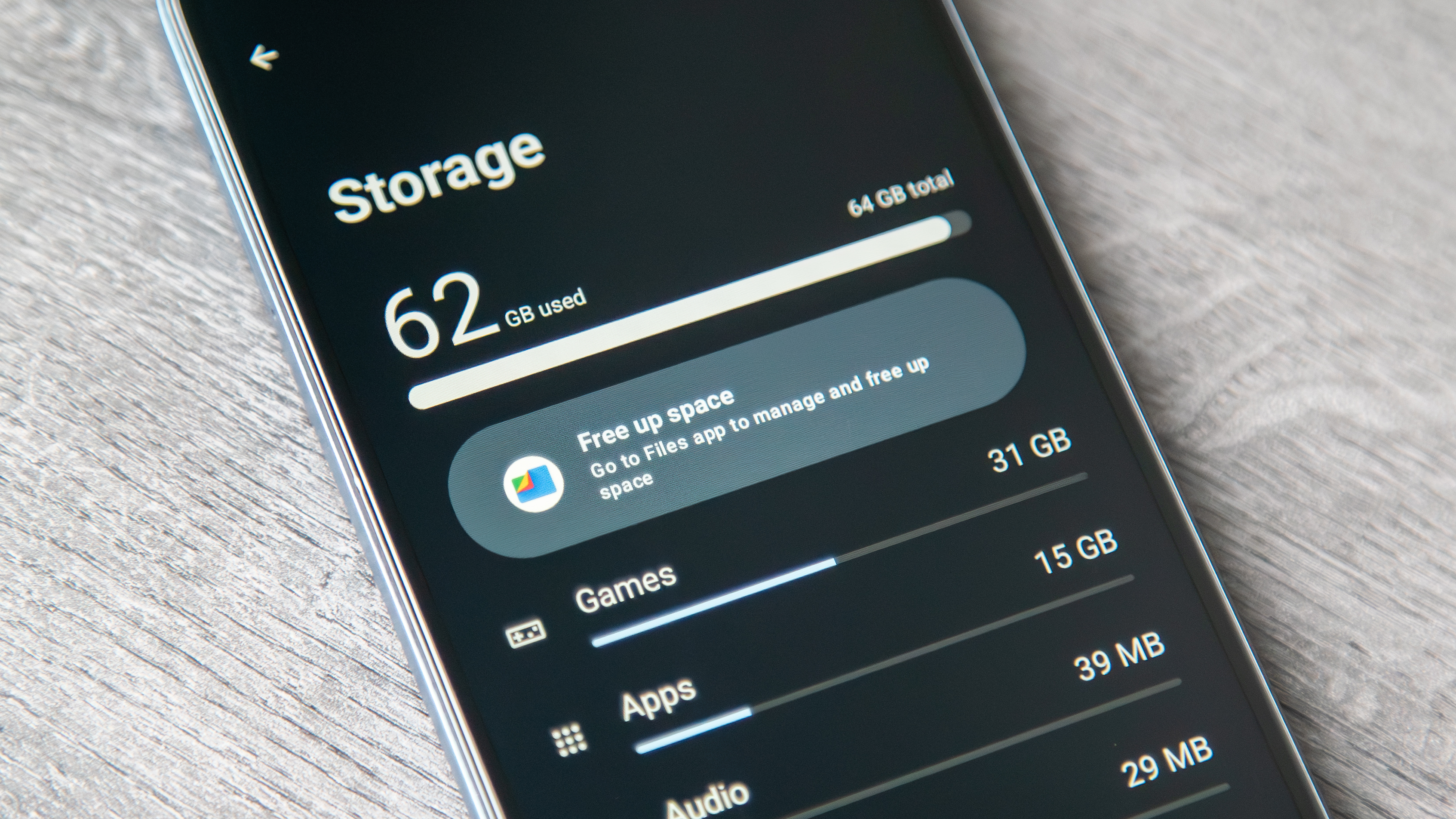 Moto G Play 2026 showing low internal storage