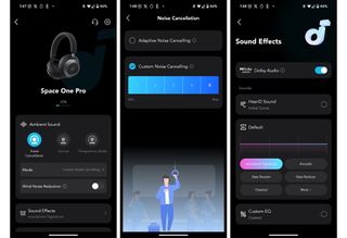 Screenshots from Soundcore app showing main screen, ANC, and sound effects settings.