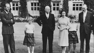 President Eisenhower (centre) with the British Royal family (L-R) Prince Philip, Princess Anne, HM Queen Elizabeth, Prince Charles and Captain John Eisenhower, at Balmoral Castle, Scotland, September 1959. (Photo by Fox Photos/Hulton Archive/Getty Images)
