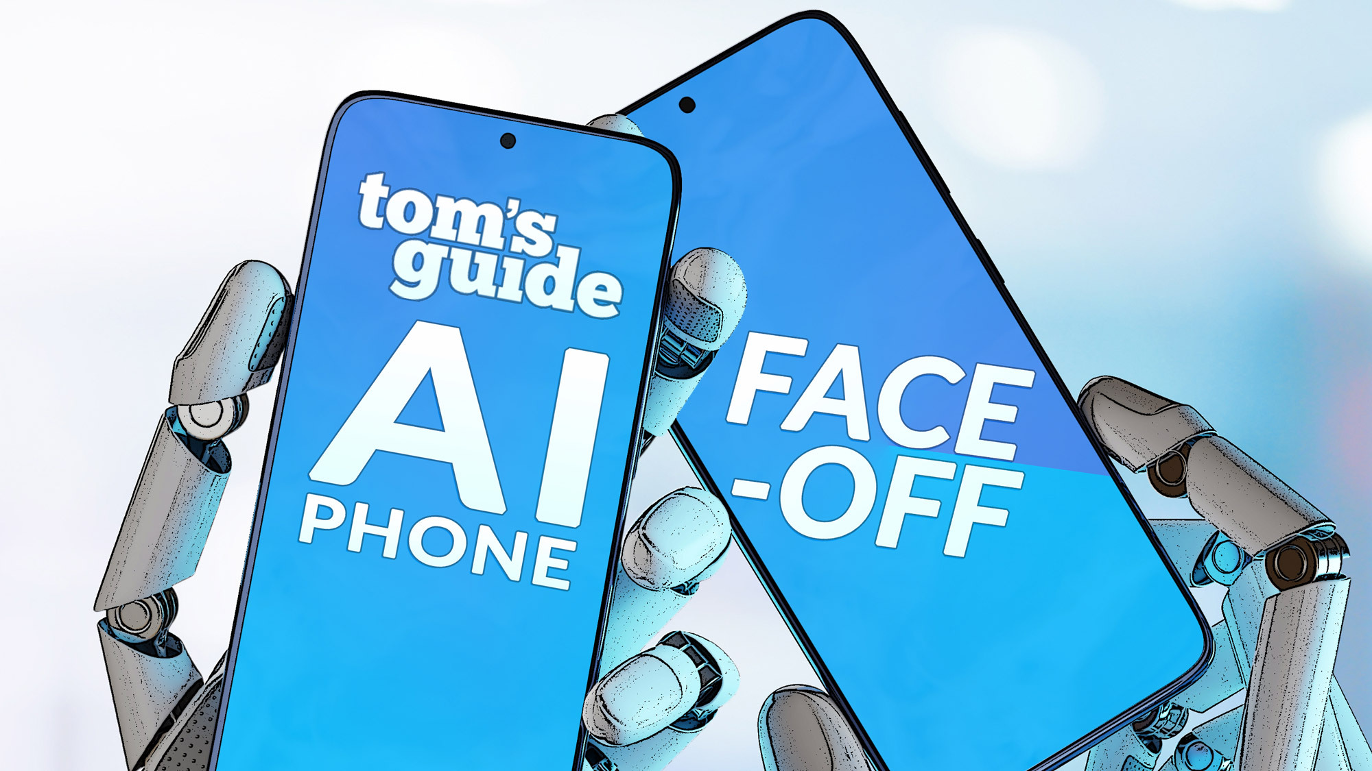 Two robotic hands holding two phones, with the text "Tom's Guide AI Phone Face-off"