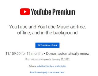 YouTube Premium annual plans for India