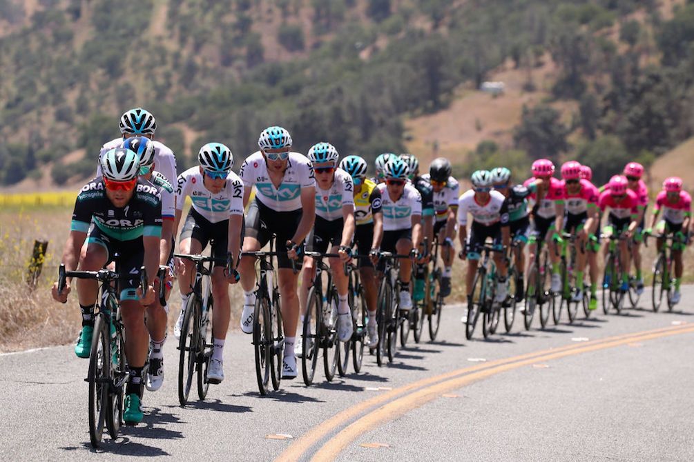 All strung out: Bora-Hansgrohe and Team Sky control the front of the bunch on stage 3 of the 2018 Tour of California