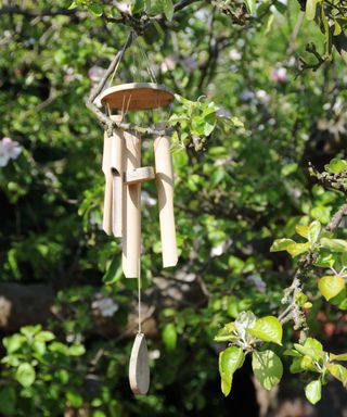 Wind chimes hanging in a garden