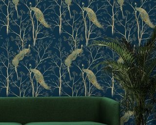Navy wallpaper with peacock pattern in living room