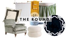 Anthropologie fall decor finds, including a chenille armchair, hotel-border accent pillow, ruffled duvet, bed skirt, set of hand towels, boucle ottoman, Volcano candle, and bow plate.