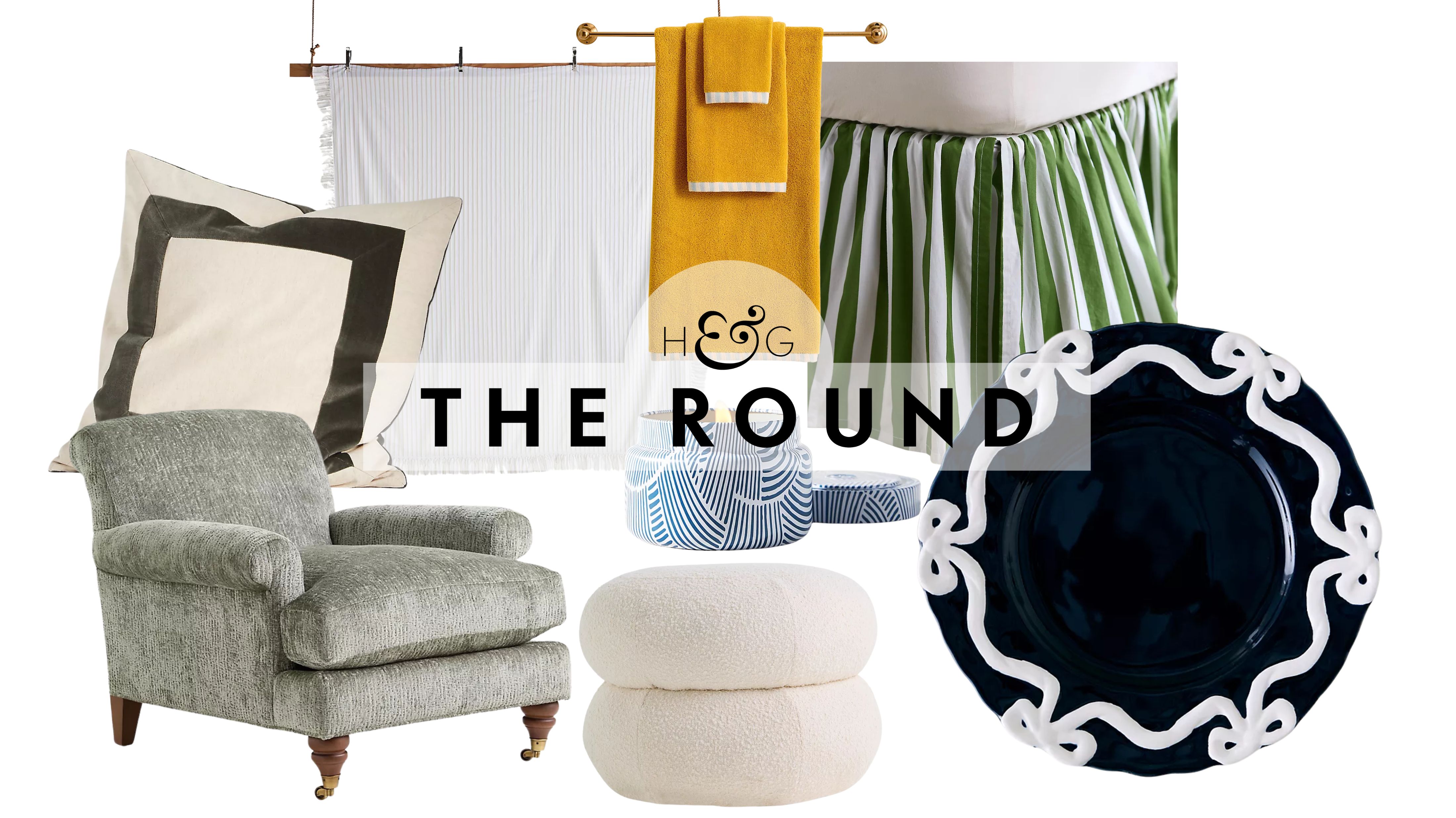 Anthropologie fall decor finds, including a chenille armchair, hotel-border accent pillow, ruffled duvet, bed skirt, set of hand towels, boucle ottoman, Volcano candle, and bow plate.