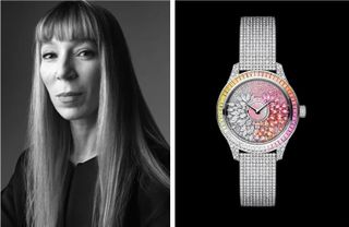 Victoire de Castellane portrait with new high jewellery watch image. new collab Kim Jones s/s Dior menswear 2025