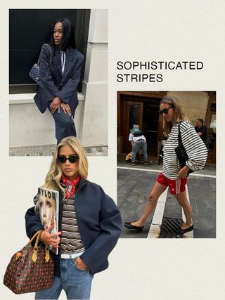 Marilyn wearing a pinstripe plazer and trousers outfit with a black chanel bag; Emili Sindlev wearing a stripe polo shirt, red bandana, blue jacket, Louis Vuitton bag, jeans, and black sunglasses; Anne Lauremais wearing a striped sweater, red adidas shorts, and black ballet flats.